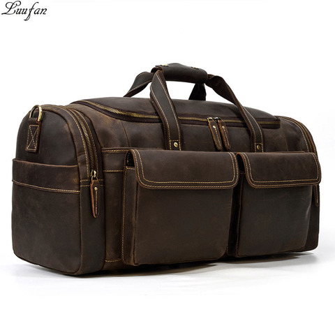 Luufan-Bolso de viaje de cuero genuino para hombre, bolsa de viaje Extra grande, de cuero vacuno suave, para mano, de hombro, color negro ► Foto 1/6