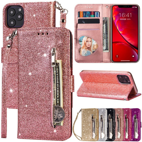 Funda de piel sintética con purpurina para iPhone, funda con soporte para iPhone 12, 11 Pro, X, XR, XS, Max, SE2022, 8, 7, 6, 6S Plus, 5, 5S, SE ► Foto 1/6