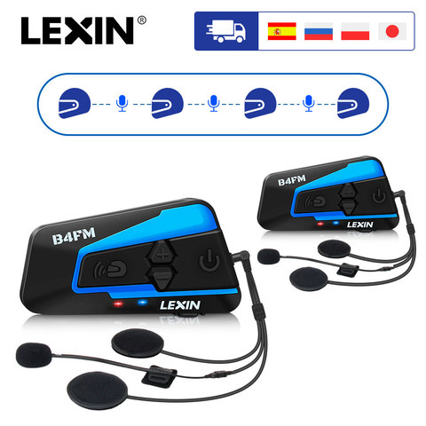 2 uds Lexin B4FM de 4-vias  Bluetooth intercomunicador para casco de motocicleta auriculares manos libres inalámbrico cascos intercomunicadores moto música con FM radio y DSP tecnologia de cancelación de ruido ► Foto 1/6