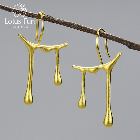 Pendientes colgantes asimétricos con diseño de gotas de miel de Lotus Fun para mujer, aretes de oro de 18K Plata de Ley 925 auténtica, joyería fina hecha a mano ► Foto 1/6