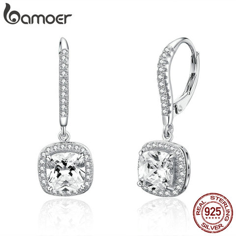 BAMOER-Pendientes de gota geométricos cuadrados de circonia cúbica deslumbrante para mujer, de Plata de Ley 925 auténtica, joyería de boda SCE520 ► Foto 1/6