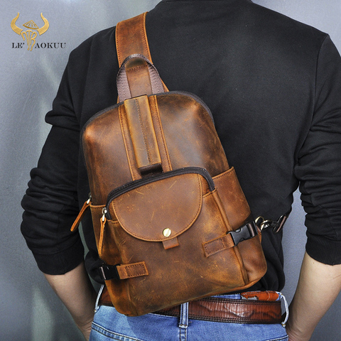 Crazy Horse cuero hombres Casual moda viaje triangular bolsa de cabestrillo para el pecho diseño 10 