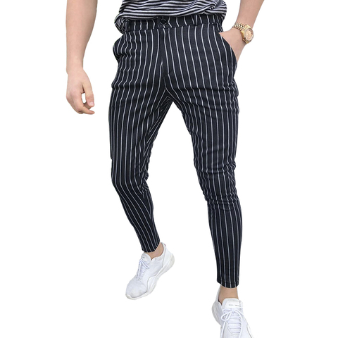 Los más nuevos Pantalones deportivos delgados casuales a rayas de los hombres pantalones de correr pantalones de chándal largos de pista negra para hombre elástico culturismo Streetwear ► Foto 1/5