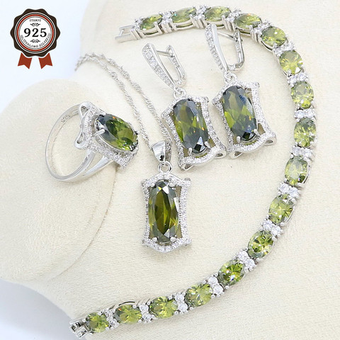 Verde oliva Semi-preciosas piedra Color plata conjunto de joyas para las mujeres con collar de pendientes de pulsera anillo colgante ► Foto 1/6