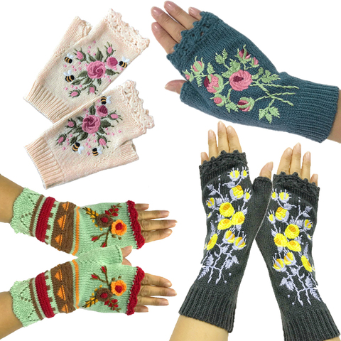 Guantes de invierno tejidos a mano para mujer, guantes sin dedos con flores de otoño, negros, cálidos, de lana bordada ► Foto 1/6