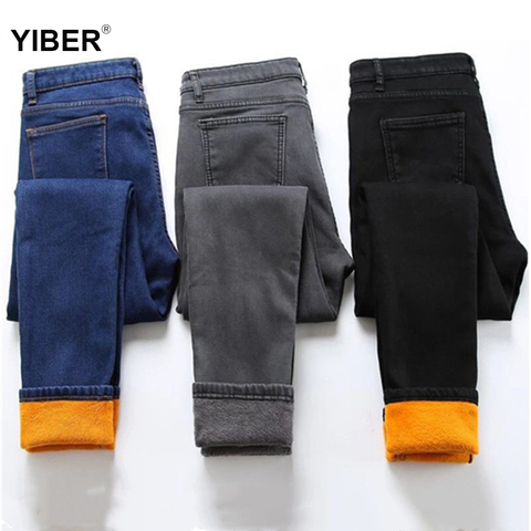 Pantalones vaqueros de cintura alta para mujer, Vaqueros cálidos de talla grande para invierno, pantalones elásticos de terciopelo grueso para los pies ► Foto 1/6