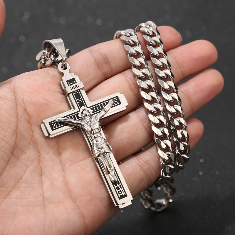 Collar Con Cruz De Jesús Crucifijo Para Hombre, Oro Y Plata, Negro, Acero Inoxidable, Cadena Bizanina