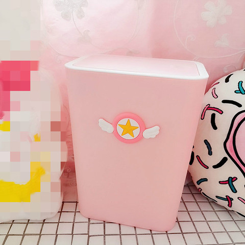 Papelera de plástico rosa con tapa para el hogar, cubo de basura prensado creativo, con dibujos animados, Captor de tarjetas, Sakura ► Foto 1/6