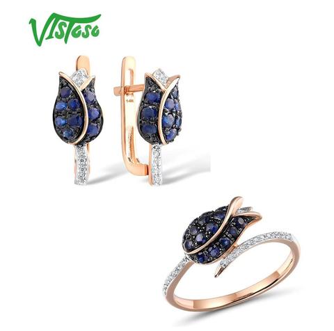 VISTOSO conjunto de joyas para mujer puro 14K 585 Rosa oro espumoso Azul zafiro diamante Tulip conjunto de anillo y pendientes de joyería fina ► Foto 1/6