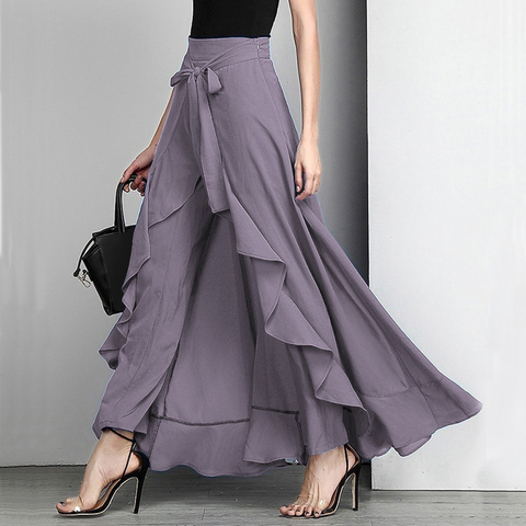 Pantalones Mujer Palazzo 2022 Causal Ruffle cordón pantalones elegante alta cintura Irregular suelto Color puro otoño mujer pantalón falda ► Foto 1/6