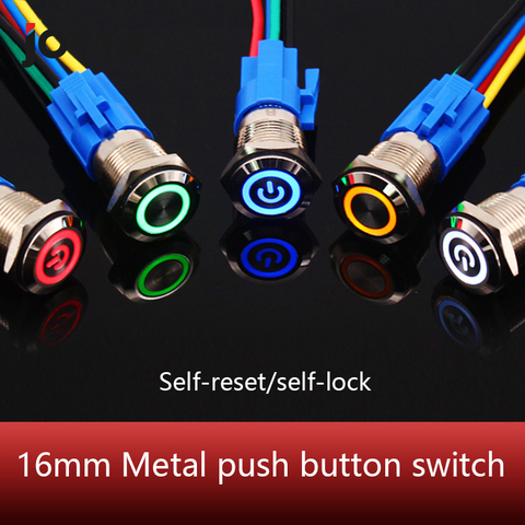 Interruptor de botón de metal de 16mm, anillo de encendido para lámpara, botón de símbolo, luz LED resistente al agua, botón de autoreinicio 1NO1NC ► Foto 1/5