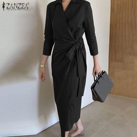 ZANZEA 2022 elegante de las mujeres Maxi vestido de primavera vestido Casual 3/4 manga OL estilo Vestidos Mujer solapa traje chaqueta de gran tamaño 7 ► Foto 1/6