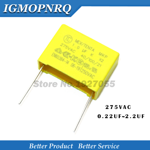 10 Uds X2 seguridad condensador 22,5mm 275VAC 275V 0,22 UF 0,33 UF 0,47 UF 0,56 UF 0,68 UF 0,82 UF 1UF 1,2 UF 1,5 UF 2,2 UF película de polipropileno ► Foto 1/1