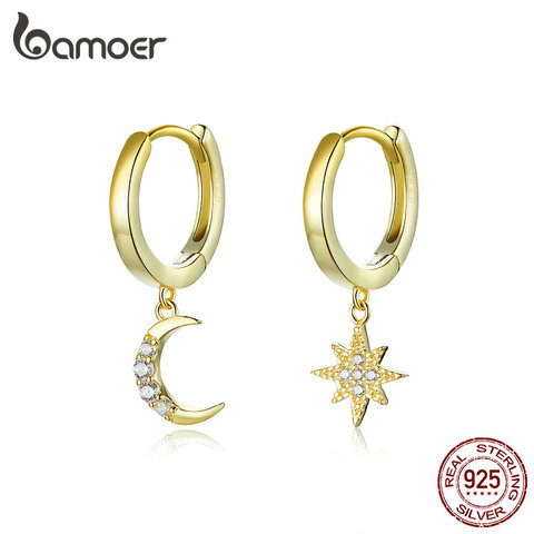 Bamoer auténtica Plata de Ley 925 Luna y aretes colgantes de estrella con encanto claro CZ color dorado joyería 2022 nuevo Bijoux SCE785 ► Foto 1/6