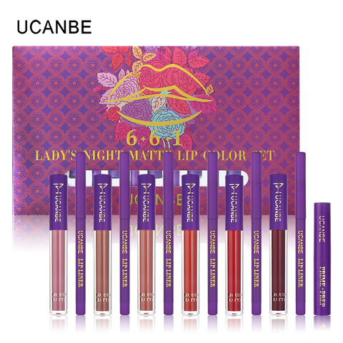 UCANBE-Juego de maquillaje de labios de noche para mujer, 6 uds. De pintalabios líquido mate + 6 uds. De delineador de labios + 1 ud. Kit de brillo de labios resistente al agua ► Foto 1/6