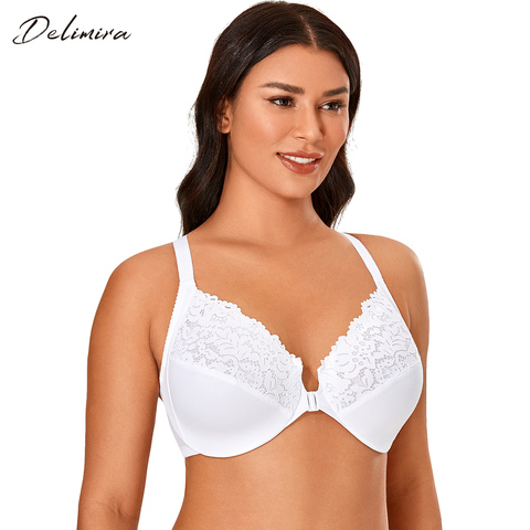 DELIMIRA-Closeure delantero para mujer, figura completa de talla grande con aros y encaje Floral, sujetador de espalda cruzada ► Foto 1/6