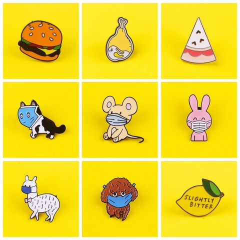 Pin de comida para hamburguesas pizzas, insignia de ropa con animales enmascarados, perro y ratón, pines esmaltados, rayas de iconos de Anime, conjunto de ropa, joyería emparejada ► Foto 1/6