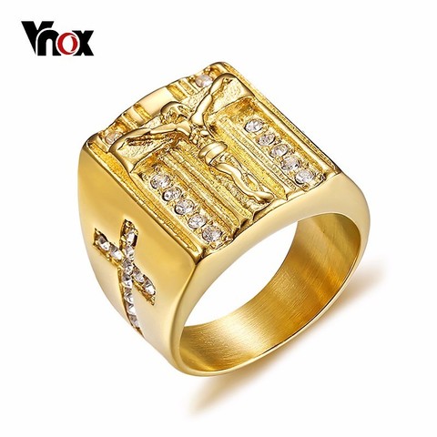 Vnox Punk de Jesús Cristo Cruz anillo para hombres de cristales de acero inoxidable religión oración hombre joyas de hip-hop de Color oro ► Foto 1/6