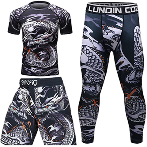 Rashguard-Conjunto de camiseta de compresión para hombre, traje deportivo masculino para gimnasio, pantalones cortos de fitness ► Foto 1/6