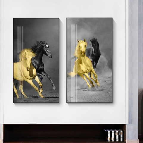 Lienzo de caballos corriendo para decoración del hogar, póster de arte en la pared con animales, pinturas estampadas en amarillo y negro, Cuadros de pared para sala de estar ► Foto 1/6