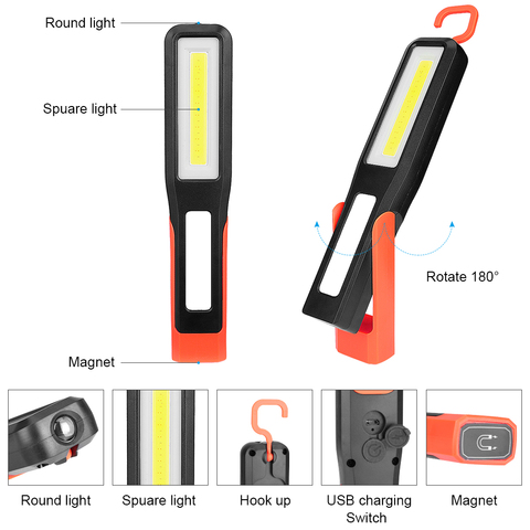 Luz de Inspección de Trabajo LED COB, linterna con carga USB, gancho giratorio, linterna magnética para mantenimiento de reparación de automóviles y acampada ► Foto 1/6