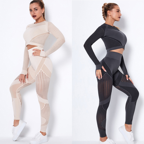 Conjuntos de entrenamiento para mujer, traje de Yoga sin costuras, chándal, Leggings de Yoga de cintura alta y Top corto, conjunto de ropa de gimnasio ► Foto 1/6