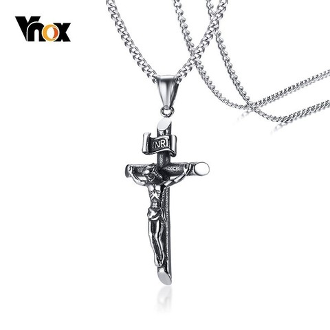Vnox Rock Punk collar con cruz de Cristo para hombres Vintage joyería de acero inoxidable colgante INRI collar masculino ► Foto 1/6