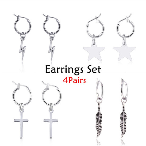 4 pares de Cruz de la pluma de la estrella aro pequeño juego de pendientes para mujeres de moda Punk Simple Color Metal rayo Stud pendientes de joyería ► Foto 1/6