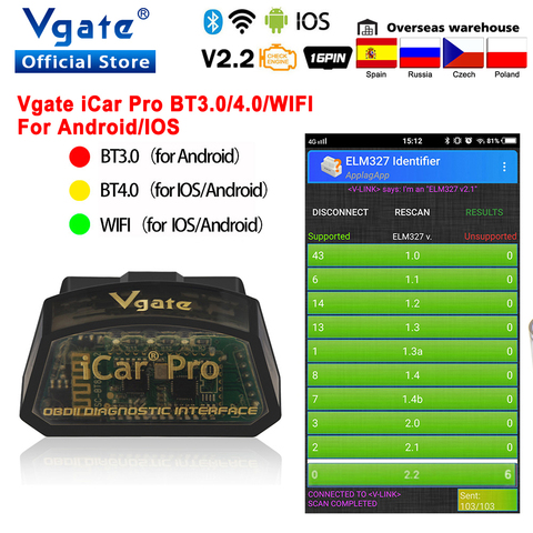 Vgate icar pro OBD2 ELM327 Bluetooth coche diagnóstico OBD OBD2 escáner elm 327 OBDII lector de código odb2 adaptador de diagnóstico caliente venta ► Foto 1/6