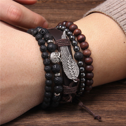 De moda multicapa de los hombres de cuero con cuentas encanto conjuntos de pulsera de la joyería de los hombres Vintage Natural piedra cuentas pulsera trenzada hombre Regalos ► Foto 1/6