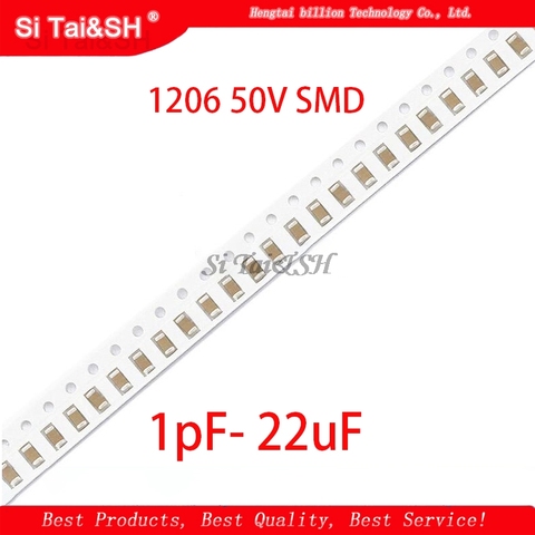 100 piezas 1206 50V SMD película gruesa Chip multicapa cerámica condensador 1pF- 22uF 10NF 100NF 1UF 2,2 UF 4,7 UF 10UF 22PF ► Foto 1/2