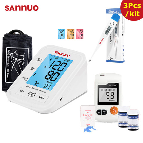 Sannuo-Monitor de presión arterial GA-3, medidor de glucosa en sangre, termómetro, tiras de prueba, Monitor para diabéticos, pantalla LCD a 3 colores ► Foto 1/6