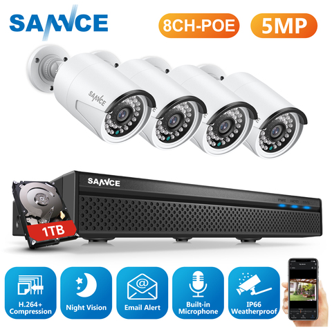 SANNCE-sistema de seguridad de vídeo en red, 8 canales, 5MP, HD, POE, 5MP, H.264 + NVR, con 4X 5MP, 30M, EXIR, visión nocturna, cámara IP impermeable ► Foto 1/6