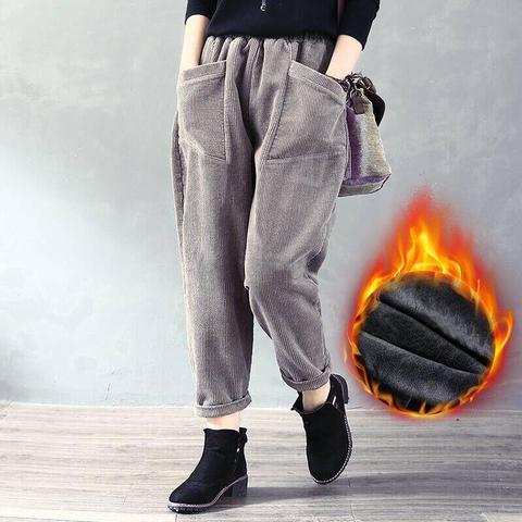 Pantalones de invierno con bolsillos grandes para mujer, pantalón negro Vintage hasta el tobillo, de cintura alta, informal, grueso, talla grande ► Foto 1/6