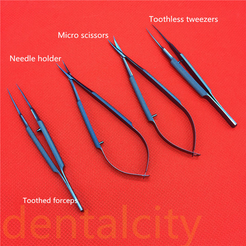 Instrumentos quirúrgicos de titanio Tlloy, instrumentos microquirúrgicos oftálmicos dentales, soportes de agujas + tijeras de 11,5 cm + pinzas ► Foto 1/6