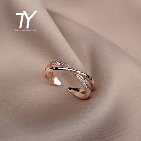 Anillo abierto de circonita cruzada de lujo para mujer, joyería Coreana de diseño a la moda, sortija de boda sexy ajustable de oro rosa ► Foto 1/6