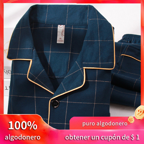 Pijama de algodón 100% para Hombre, ropa de descanso, a cuadros, azul, cálida, para el hogar, para Invierno ► Foto 1/6