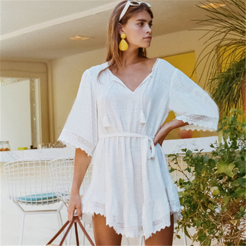 Vestido de Playa de Saida de Praia de algodón Playa Cover up Kaftan Pareos para la Playa de Mujer de encaje Bikini cubrir traje de baño Cover up # Q711 ► Foto 1/5