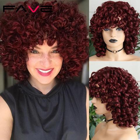 FAVE peluca Afro rizada con flequillo negro cabello sintético rojo hombro alargado fibra resistente al calor para mujeres negras de África América ► Foto 1/6