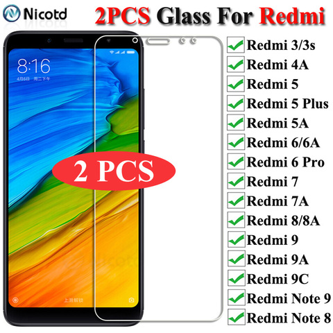 2 unids/lote de vidrio templado 9H para Xiaomi Redmi 9 Un 8a 7a 6a 5a 4a Protector de pantalla para Redmi 9 8 7 6 5 4 3 3s Nota 9s 9 8 7 6 5 Pro ► Foto 1/6