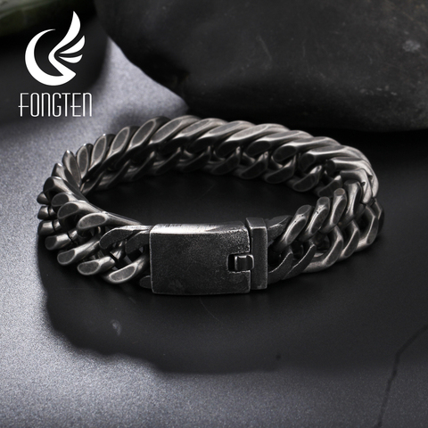 Fongten-pulsera negra Retro para hombre, cadena cubana de acero inoxidable, Pulseras anchas, joyería ► Foto 1/6