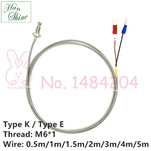 Sensor de temperatura termopar tipo K / E con rosca M6, 0,5 m, 1m, 2m, 3m, cable blindado de 2 núcleos, sonda de Detector térmico ► Foto 1/3