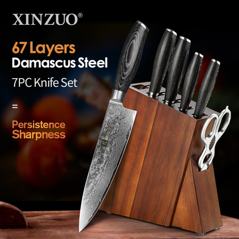 XINZUO-7 Uds. De cuchillos de cocina con soporte para cuchillos de madera de Acacia, cuchillos de acero damasco, mango de Pakkawood, regalo de Chef profesional ► Foto 1/6