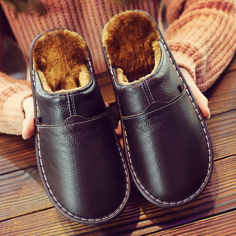 Zapatillas de casa de piel auténtica para hombre y mujer, pantuflas calientes de felpa para dormitorio, zapatos de Interior para invierno, talla grande 11 ► Foto 1/6