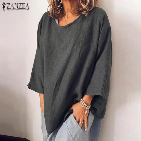 ZANZEA-Blusa de lino y algodón para otoño, Camisa lisa de manga larga para mujer, Tops básicos, Túnica holgada 5XL ► Foto 1/6