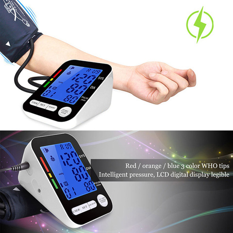 USB recargable superior Monitor de presión arterial de brazo pulso Metro BP corazón ritmo tonómetro de LCD Digital esfigmomanómetro ► Foto 1/6