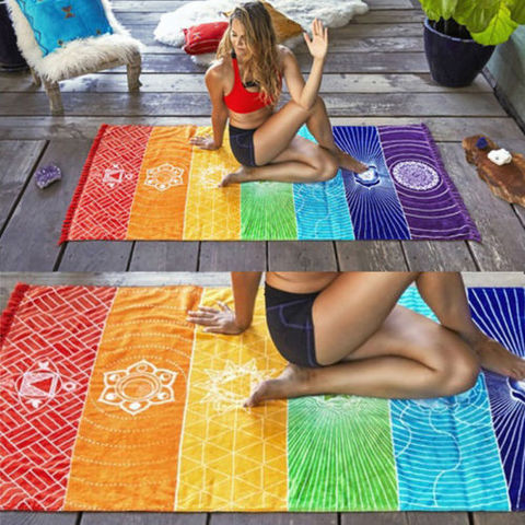 Toalla de chakras ideal para viaje y yoga, tapiz a rayas con borlas y mandalas, mat color arcoiris, moda boho, 1 unidad ► Foto 1/6