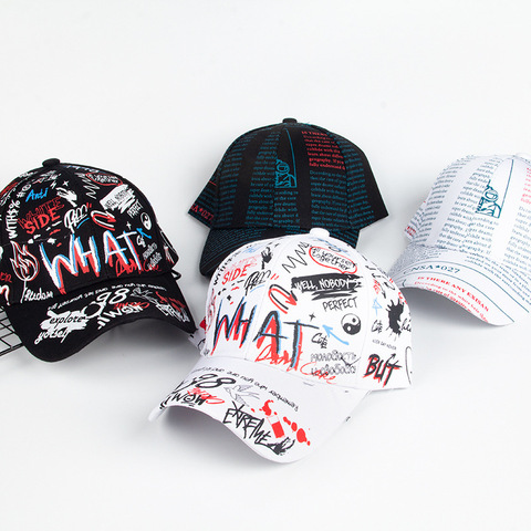 Gorra de béisbol con grafiti Para Hombre y mujer, gorro con estampado de letras, Snapback, Hip Hop, color negro ► Foto 1/6