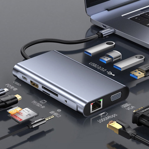 Tipo C a VGA + RJ45 Gigabit Ethernet 4K HDMI compatible con la policía SD TF de Audio de 3,5mm 1080P para Macbook Pro S8 S9 P20 P30 10 en 1 USB Hub ► Foto 1/6