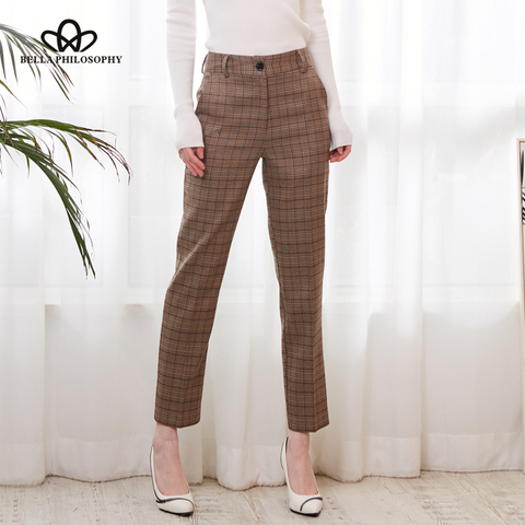 Bella filosofía 2022 primavera Plaid pantalones básicos casuales de las mujeres de cintura alta pantalones Harem largo mujer cremallera Oficina pantalones de Mujer Pantalones ► Foto 1/6